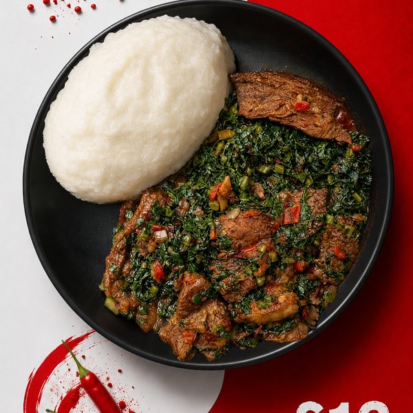 Beef braised with muriwo greens, tomato and spices, served on isitshwala