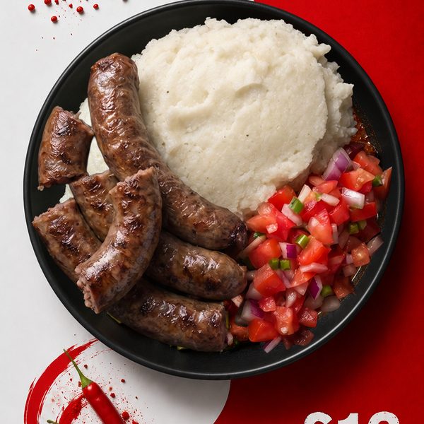 Char-grilled coiled boerewors sausage with isitshwala and fresh tomato relish