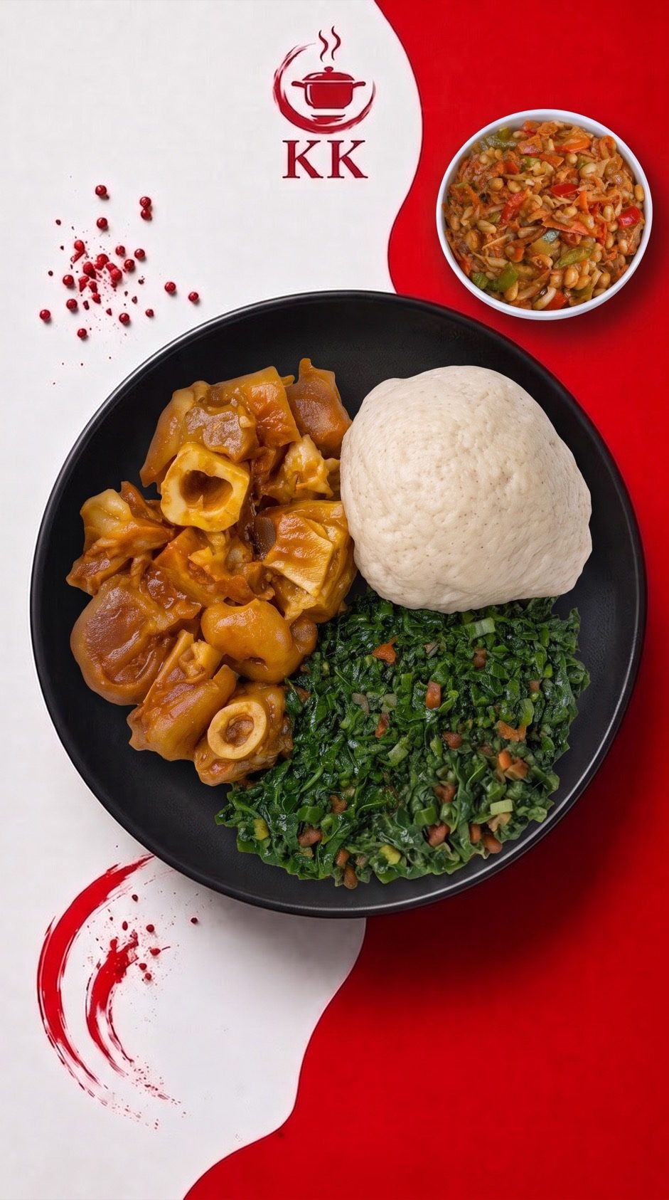 Slow-cooked cow feet served with sadza and leafy greens