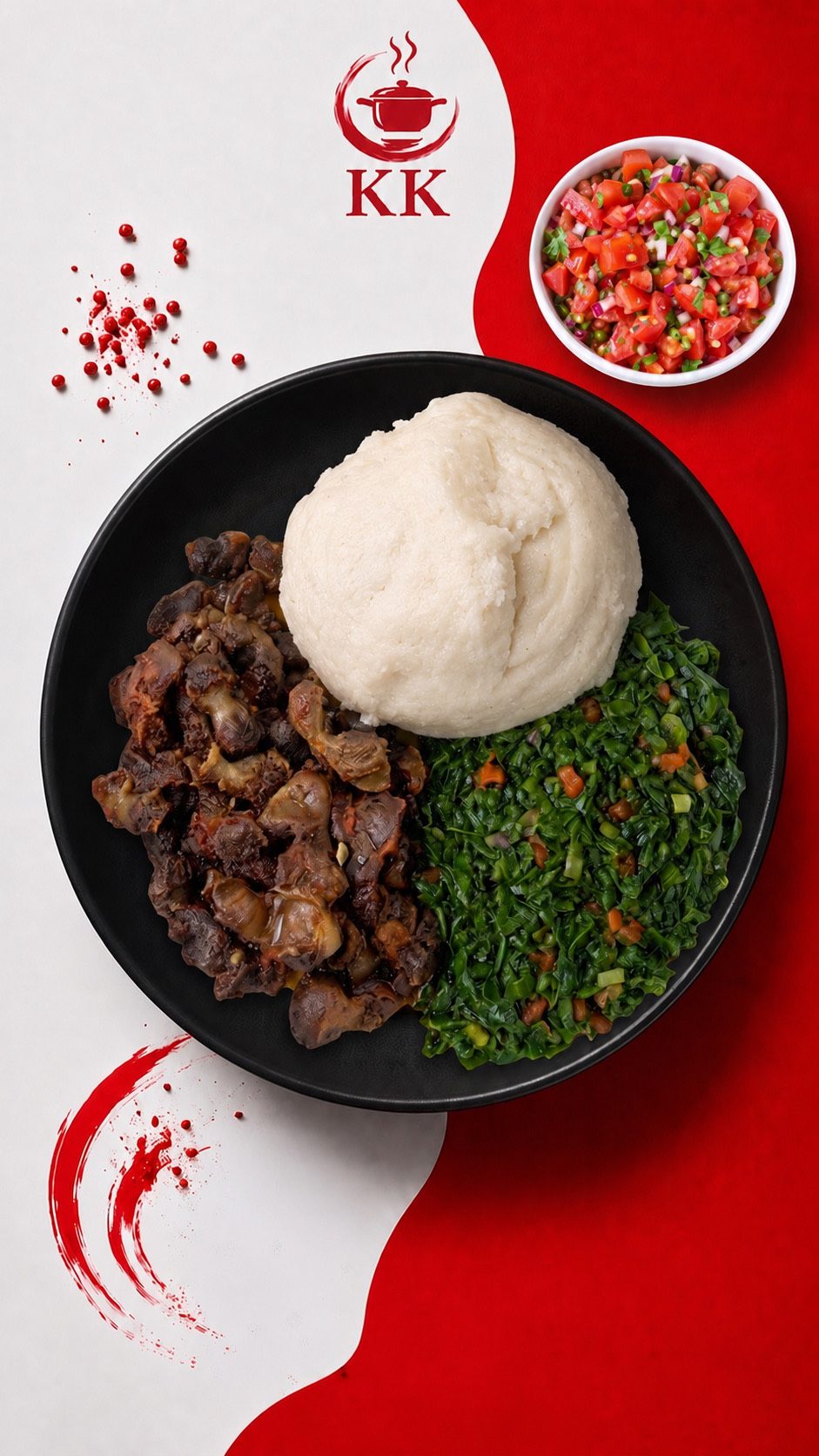 Seasoned grilled chicken gizzards with sadza and leafy greens