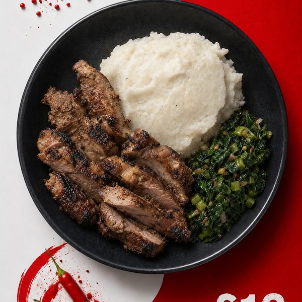 Char-grilled marinated beef strips with isitshwala and muriwo relish