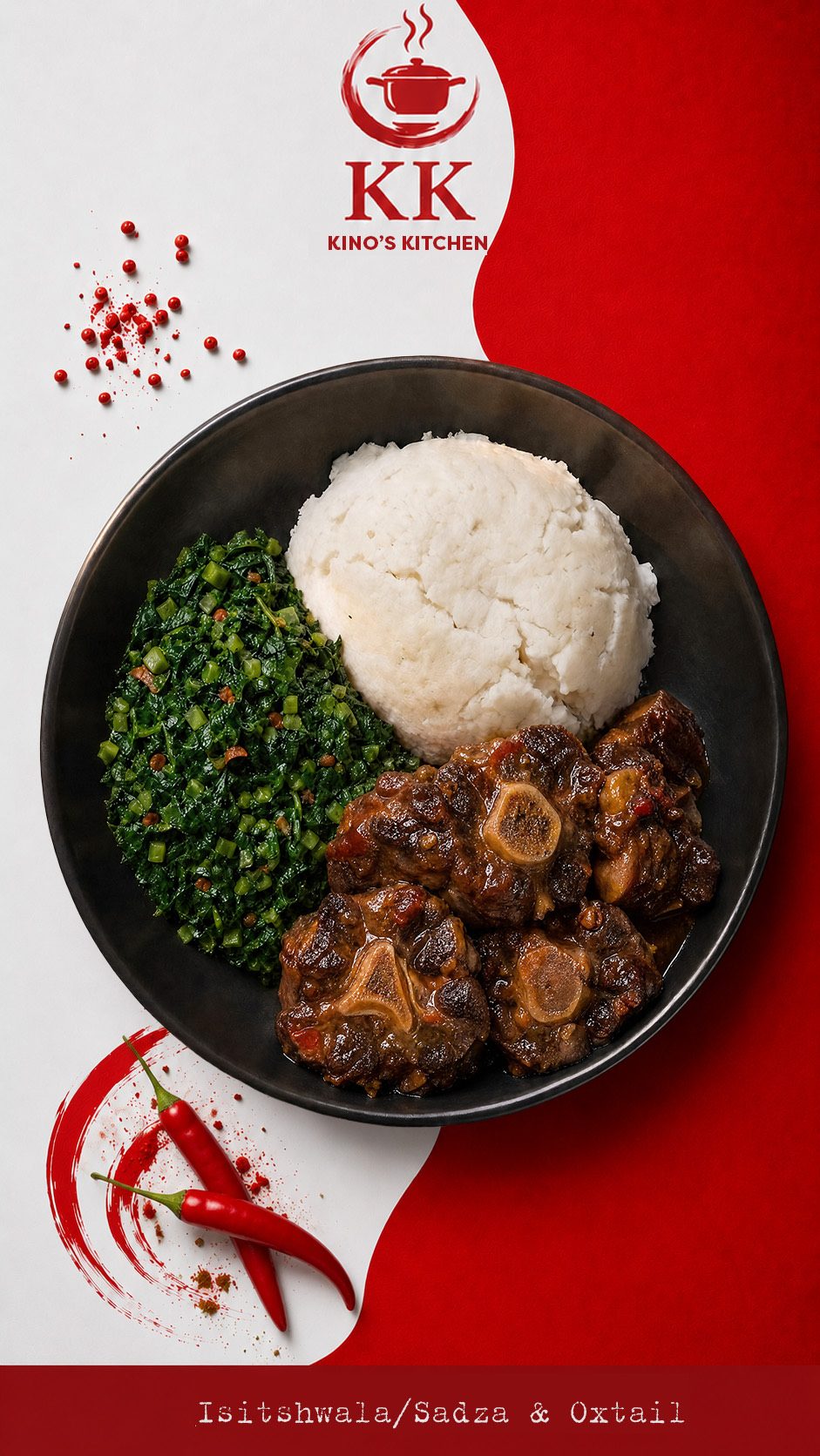 Slow-cooked oxtail in rich sauce with sadza and leafy greens