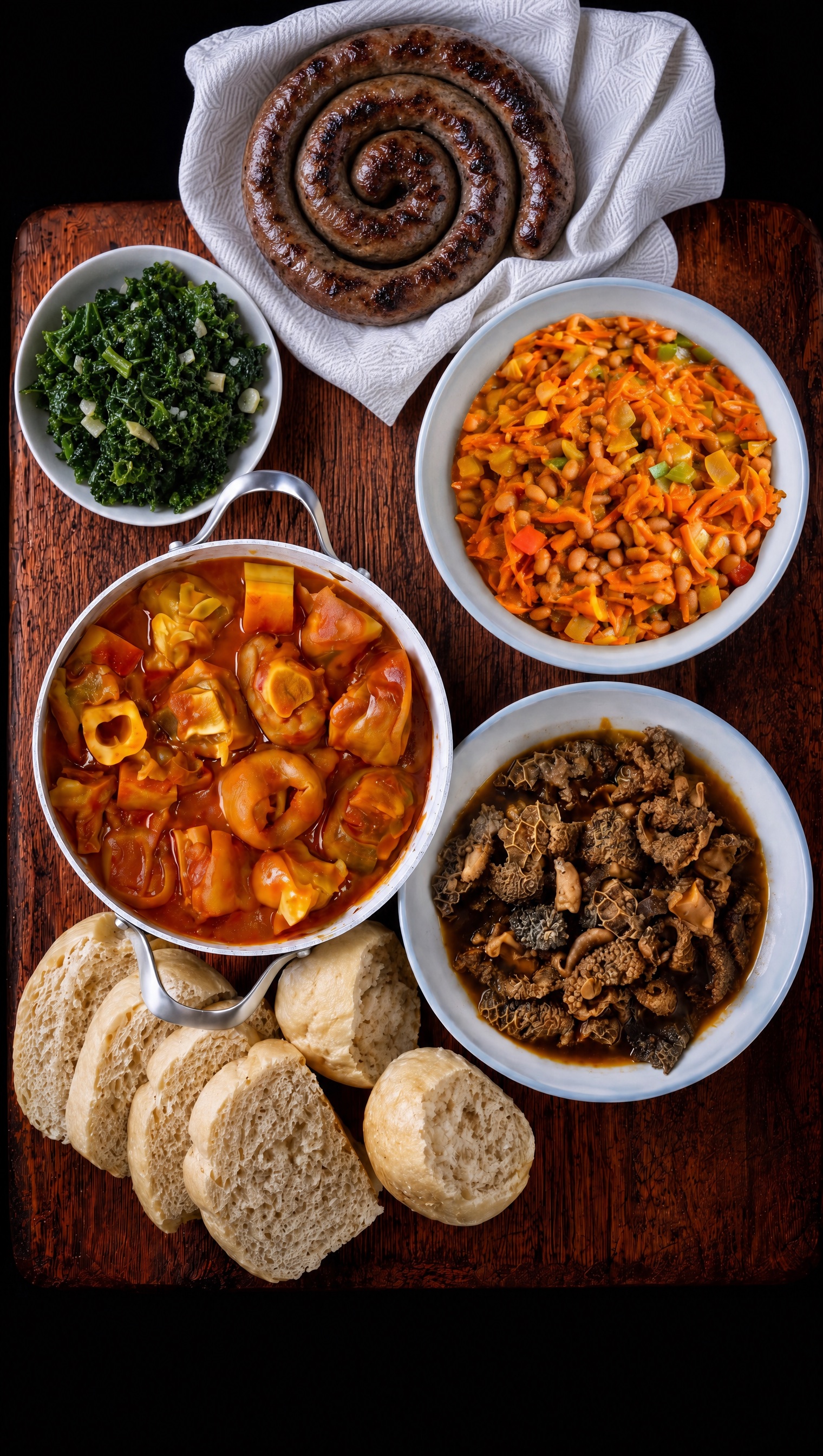 Malusu and Jeqe heritage feast with steamed bread, ox feet, tripe, boerewors and salads
